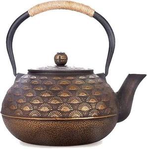 กาน้ำชาโลหะสไตล์โอเรียนทัล พร้อมฝาและหูจับ ลายพัดตกแต่ง - Product Image 1