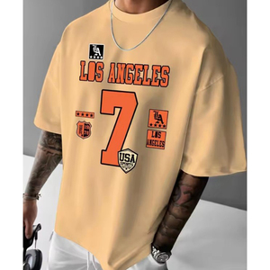 Camiseta Personalizada con Serigrafía, Talla Grande, Corte Holgado Informal, Hombros Caídos, Cuello Redondo, Algodón Grueso, Ropa Urbana para Hombre - Product Image 1