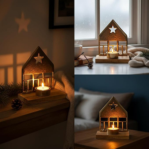 Porte-bougie de Noël en forme de maison, en aluminium et bois de manguier, décoration de Noël en forme de maison pour bougies chauffe-plat - Product Image 2