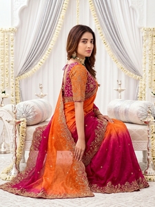 AARA Fashion Orange Pink Silk <b>Saree</b> Embroidered <b>Blouse</b> for Wedding Women Traditional Indian Sari Floor Length Regular Fit Sun - Product Image 3
