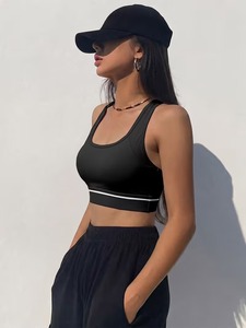 Women <b>Mesh</b> Panel Racerback Sports Bra High Impact Elastic Stripe Underbust Fitness Gym <b>Crop</b> <b>Top</b> Workout Yoga Active Tank - Product Image 2