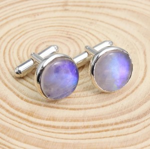 Boutons de manchette de luxe en pierre de lune bleue sertie clos, en argent sterling 925, pierre précieuse ronde, pour hommes, garçons d'honneur, cadeau de mariage pour lui - Product Image 3