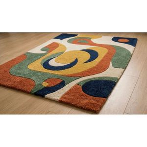 Tapis en laine tufté à la main abstrait multicolore, jaune moutarde, vert rouille, bleu marine, ivoire, à poils ras, pour décoration moderne de salon - Product Image 2