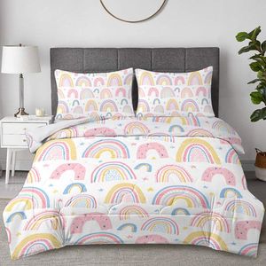 Set Copripiumino Super King Size con Motivo Arcobaleno 3D, Rosa e Giallo con Stelle, 1 Copripiumino e 2 Federe per Donne - Product Image 1