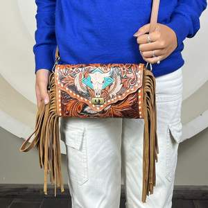 Bolso de mano floral de cuero genuino hecho a mano estilo western, bolso cruzado mini con flecos de cuero vacuno auténtico al por mayor para mujer - Product Image 4