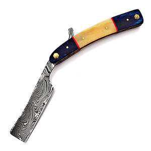 MORTAL SAGA Rasoir droit artisanal en acier Damas traditionnel, léger 400g, haut de gamme, pour barbier, manche en corne de cerf - Product Image 1