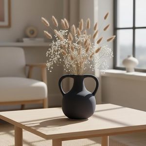 Vase à fleurs en céramique noire mate à double poignée, vase décoratif de table pour la maison, les mariages et l'aménagement d'étagères - Product Image 4