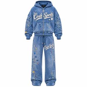 Conjunto de chándal de mezclilla desgastada con lavado ácido para mujer, chaqueta bordada con cremallera y pantalones holgados a juego, estilo urbano. - Product Image 1