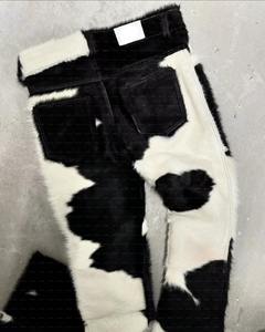 Chaqueta de cuero auténtica de alta gama con pelo de vaca, abrigo de piel de vaca en blanco y negro, manga larga con cremallera, moda urbana auténtica - Product Image 1