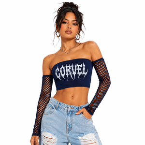 Gothic Graphic Bandeau Top Mesh Jersey Fabric Long Sleeve women's shirt <b>Punk</b> Style Streetwear Customized Logo Strapless Clubwear - Product Image 4
