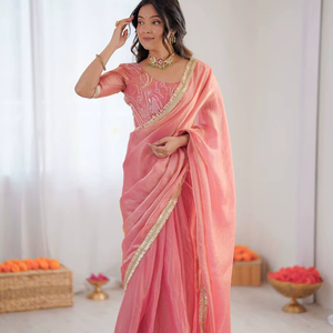 ผ้าซารีสำเร็จรูปสำหรับผู้หญิง ยี่ห้อสัตราณี ผ้าชิมเมอร์ แต่งลูกไม้กอต้า พร้อมผ้าสำหรับตัดเสื้อแบบยังไม่เย็บ - Product Image 1