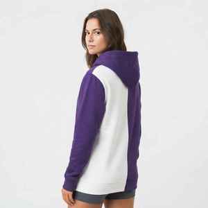 Sweat à capuche femme color block, design asymétrique, en molleton de coton, blanc et violet, logo personnalisé, poches latérales, coupe classique - Product Image 2