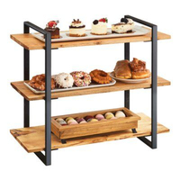 Présentoir à 3 niveaux en bois pour buffet et support alimentaire pour la restauration hôtelière, support à gâteaux et desserts en bois avec cadre en métal noir, fournitures de fête