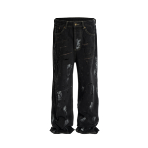Jean large noir déchiré et vieilli pour homme, taille haute, en coton, style urbain, avec braguette boutonnée, poids moyen, pour l'automne - Product Image 1