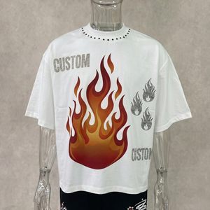 Custom <b>Flame</b> Print Oversized Men's T-<b>Shirt</b> Short Sleeve O-Neck Street Style Jersey Cotton White - Product Image 1