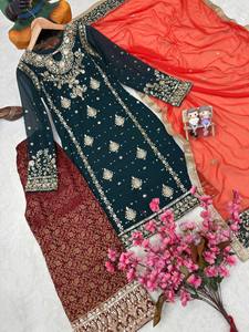 ชุดคุร์ติปาลาซโซดีไซเนอร์พร้อมผ้าคลุมไหล่สำหรับผู้หญิง |   ชุดงานเทศกาลผ้าจอร์เจตต์เทียมปักเลื่อมดิ้นทอง - Product Image 4