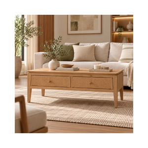 Mesa de Centro de la Colección ELYSIUM con Acabado en Roble Natural, 2 Cajones y Patas Cónicas, Servicio de Personalización OEM ODM, Proveedor de Vietnam - Product Image 1