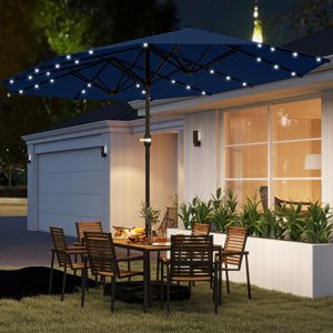 Ombrellone da patio Solar Navy Blue da 14,4 piedi con protezione solare su entrambi i lati, luci solari a LED e base - Product Image 2