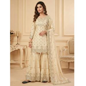 Ensemble Palazzo de Fête Raffiné, Grand Modèle, en Chinon Lourd, Style Pakistanais, avec Broderie Lourde et Sequins, Vente en Gros - Product Image 1