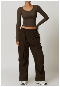 Women Yoga Set Crew Neck Racerback Crop Top High Waist <b>Pants</b> Solid Color <b>Spandex</b> Polyester 2 Piece Set Breathable Pockets - Product Image 3