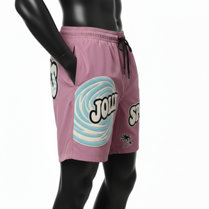 กางเกงว่ายน้ำชาย ผ้าไมโครไฟเบอร์โพลีเอสเตอร์พรีเมียม 130 GSM สีชมพูอ่อน แห้งเร็ว พร้อมปักโลโก้ - Product Image 3