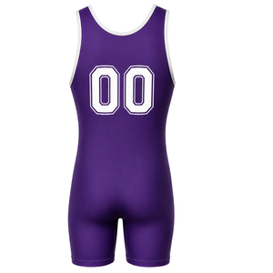 Combinaison de lutte sublimée pour homme, violet et noir, en polyester, sans manches, pour entraînement, compétition et matchs - Product Image 3
