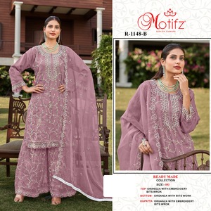 Ensemble élégant en organza Gharara avec mèches de broderie et fond Sarara assortis, parfait pour les occasions festives - Product Image 2