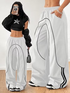 Women's <b>Summer</b> Fashion Streetwear Wide-Leg <b>Pants</b> Mid Elastic Waist Side Tie Design Hip-Hop Joggers 100% Cotton Loose Fit - Product Image 5