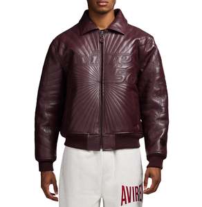 Avirex <b>Men's</b> Burgundy <b>Leather</b> Bomber <b>Jacket</b> Embossed Logo Front Zipper Turn-down Collar Moto Style Winter Wear - Product Image 1