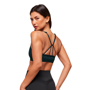 Soutien-gorge de yoga froncé vert foncé personnalisé avec logo pour femme, en nylon et élasthanne, sexy, à bretelles, respirant, pour la gym et le fitness - Product Image 2