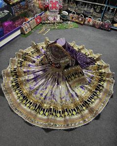 Vestido Tribal Afgano Kuchi de Terciopelo Morado Real con Falda Circular Amplia y Bordado Intrincado de Tilla Dorada - Product Image 3