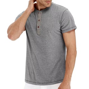 Men's Gray Henley <b>Collar</b> <b>T</b>-<b>Shirt</b> Solid Color Casual Knitted Cotton Summer Wear - Product Image 1