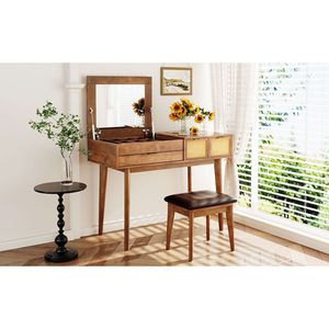 Set Toeletta Classico in Legno Marrone da 110 cm con Specchio a Ribalta, Sgabello, Luci LED, Tre Cassetti e Spazio di Archiviazione Rimovibile - Product Image 4