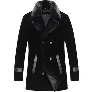 Men's Winter Wool Blend <b>Coat</b> <b>With</b> Faux <b>Fur</b> Collar And <b>Leather</b> Trim Full Sleeve Windproof Jacket - Product Image 1