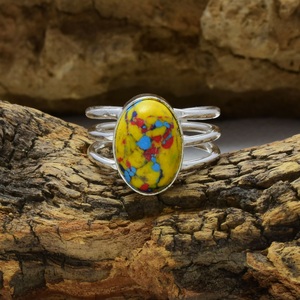 Bague en argent sterling 925 avec pierre précieuse en jaspe mosaïque, bague statement en pierre naturelle, bijoux vintage faits à la main pour hommes et femmes - Product Image 6