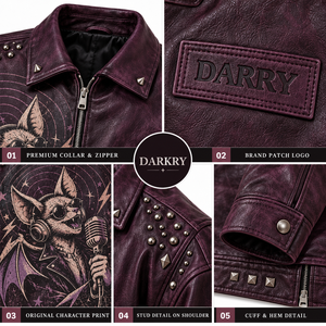 <b>Purple</b> <b>Mens</b> Leather Jacket Rock Bat Graphic Studded Lapel Collar Biker Coat Custom OEM ODM Factory Wholesale Production Offer - Product Image 6
