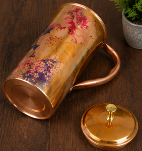 Carafe en cuivre à imprimé floral avec couvercle, pichet à eau artisanal, décoratif, fait main, grande capacité, vaisselle pour la maison, Tamra Jal - Product Image 3