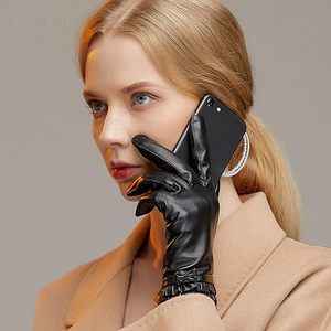 Gants en cuir pour femmes avec écran tactile, mitaines noires, doublure en cachemire douce et chaude, gants d'hiver - Product Image 3