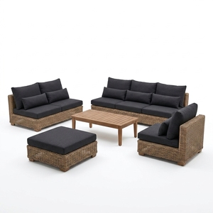 New Modern Minimalist Rattan Living Room Sofa Set Luxury Outdoor <b>Patio</b> Garden Sectional Lounge Seating Black Cushions Wooden Tab - Product Image 1