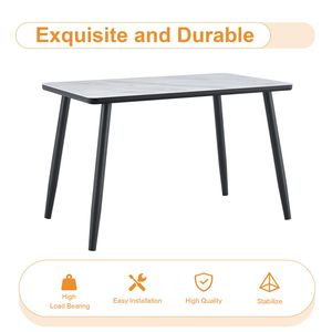 Tavolo da Pranzo Moderno Bianco con Effetto Marmo, Piano in Vetro, Base Inferiore in MDF Nero e Gambe in Metallo Nero, Set Tavolo e Sedie - Product Image 5