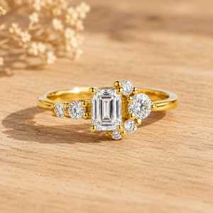 Anillo de aniversario de oro macizo con diamantes cultivados en laboratorio de 0.76 ct, corte esmeralda brillante y corte redondo, color DEF, claridad VS VVS - Product Image 1