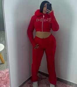Fall Winter Women's Sets Two Piece Stand Collar Cropped <b>Zip</b> <b>up</b> <b>Jacket</b> with Zipper Hoodie Design Custom Flared Pants Lounge Set - Product Image 2