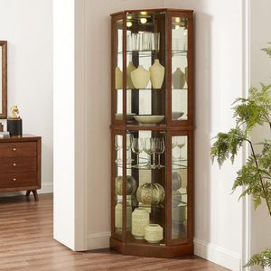Vetrina Angolare a 6 Ripiani in Noce con Luci, Specchi e Ripiani Regolabili, Lampadine E26 Non Incluse - Product Image 1
