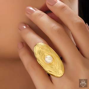 PRAO Bague élégante en perles, ovale doré anti-ternissement, bijoux de mode - Product Image 5