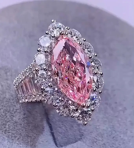925 Moissanite Vintage Style Pink Marquise Cut Halo Engagement <b>Ring</b> In Sterling <b>Silver</b> White Gold Plated. - Product Image 2