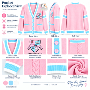Gamma Phi Delta Sorority Pink Blue <b>Cardigan</b> Embroidered Crest Crew Neck Thick <b>Lightweight</b> Winter Polyester Sweater Full Sleeve - Product Image 5