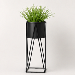 Black Metal Plant <b>Stand</b> with <b>Pot</b> Wrought Iron Floor Planter for Indoor & Outdoor Garden Decor Tall Geometric Flower Holder - Product Image 1