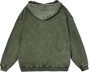 Oversized Hooded Sweatshirt <b>Men</b> Solid Green Cotton Fleece Eco-Friendly Acid Wash Pocket Design Spring Casual Fit Regular Length - Product Image 2
