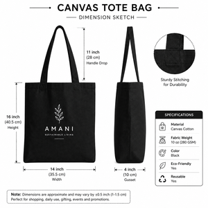 Bolsa de Tela Amani, 16x14 Pulgadas, Negra, Reutilizable, Ecológica, con Asas de Algodón, Fuelle de 11 Pulgadas, Diseño Sólido de 4 Pulgadas, para Compras - Product Image 2