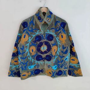 Floral <b>Velvet</b> Suzani Embroidered Bomber <b>Jacket</b> Ethnically Styled Boho & Hippie Winter Coat with Short Design - Product Image 1